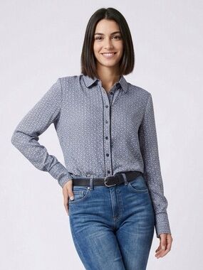 TORY BURCH Women's Gemini Link Print Button-Down Shirt - Grey/ White, Sz 2